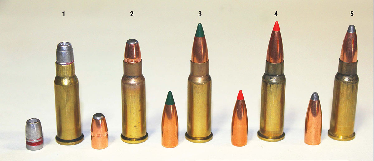 Bullets tested from the .256 Winchester Magnum included the (1) GT 55-grain hard cast, (2) Hornady 60 FP, (3) Sierra 70 BlitzKing, (4) Hornady 75 V-MAX and the (5) Speer 87-grain SP.